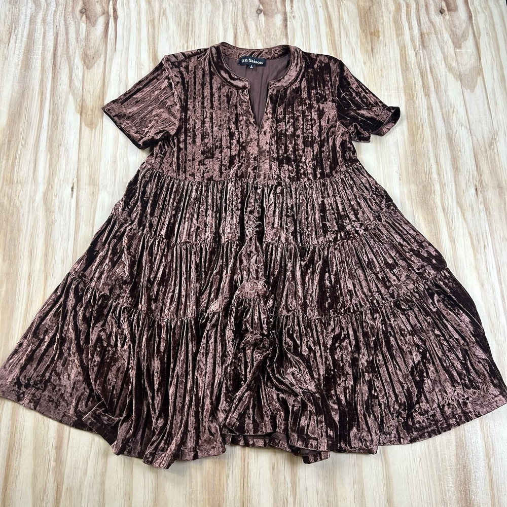 En Saison Womens S Chocolate Brown Velvet Fit Flare Pleated Crinkle Dress